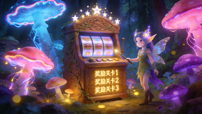 魔法森林老虎机，发光蘑菇与精灵角色，展示选择奖励关卡
