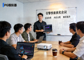 PG模拟器技术团队进行引擎性能优化会议场景
